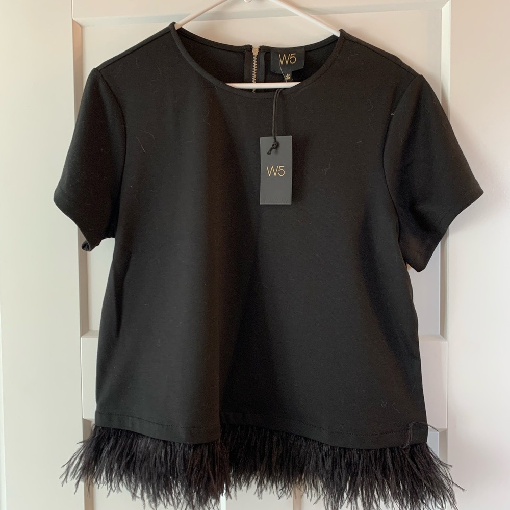 W5 Elegant Black Top with Feather Hem